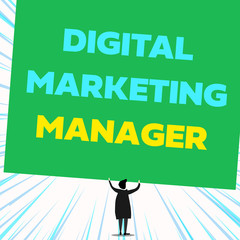 Handwriting text writing Digital Marketing Manager. Conceptual photo optimized for posting in online boards or careers Back view standing short hair woman dress hands up holding blank rectangle