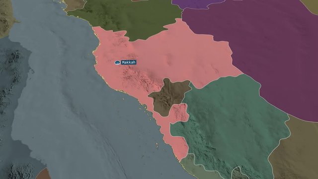 Makkah - region of Saudi Arabia with its capital zoomed on the administrative map of the globe. Animation 3D
