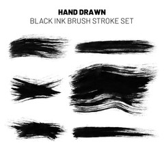 Set of black ink brush strokes different in style with stains and translucent white paper texture.