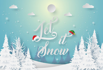 Fototapeta na wymiar Origami paper art of Winter season Let it Snow, Merry Christmas and Happy New Year