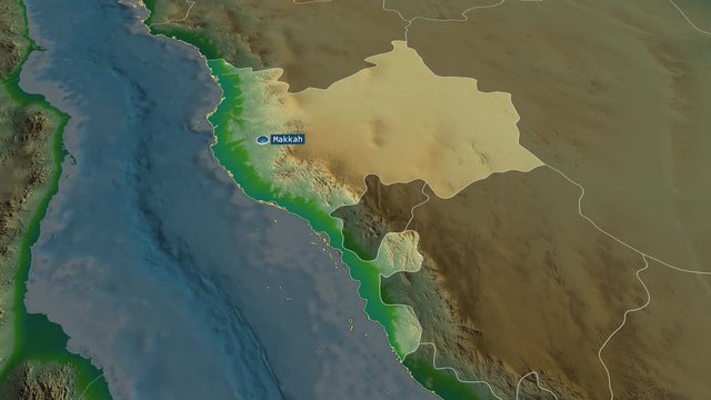 Makkah - region of Saudi Arabia with its capital zoomed on the physical map of the globe. Animation 3D