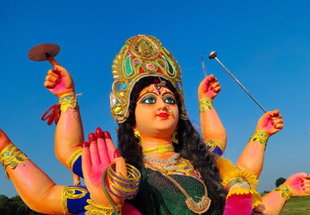 Bhopal, India - October 08,2019: Closeup of face of Goddess Durga, Navratri, Hindu festival....