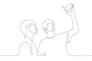 continuous one line drawing two young men shoot themselves on camcorder camera. One men holds the camera with one hand. The concept of selfie, friendship, blogging.can be used for animation. Vector