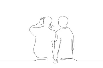 continuous line art two men stand at the blackboard one of them writes, the other watches over his shoulder. It can be used for animation. Vector