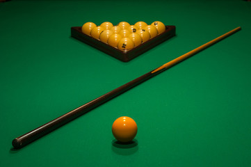 balls and cue on a pool table