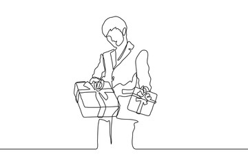 continuous line art silhouette of a man in a suit who is standing with arms extended forward with boxes tied with a ribbon and tied in a bow. Man offers gifts. Can be used for animation. Vector