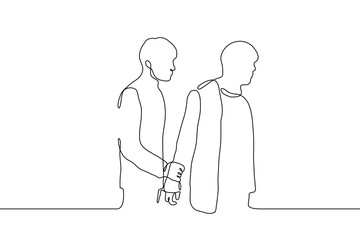 Fototapeta premium continuous line drawing silhouette of two men. One man holds the other by the wrist, the second stands with his back to him and looks in front of him. It can be used for animation. Vector