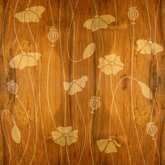 Field poppyRed poppy flowers - decorative pattern - Interior wallpaper - seamless background - wood texture