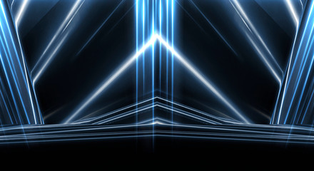 Abstract light tunnel, blue background, stage, portal with rays, neon lights and spotlights. Dark empty scene with neon. Symmetric reflection, perspective. 3D rendering.