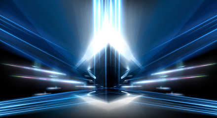 Abstract light tunnel, blue background, stage, portal with rays, neon lights and spotlights. Dark empty scene with neon. Symmetric reflection, perspective. 3D rendering.