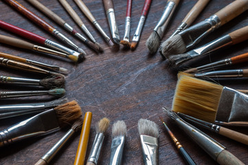 old set of brushes for oil painting close-up