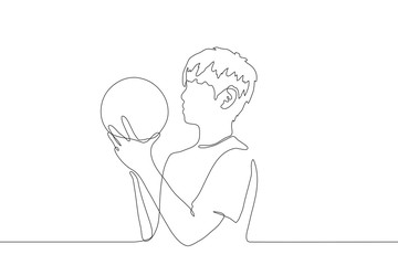 Continuous line art of a young man holding a ball in his hands getting ready to throw it. The concept of a healthy lifestyle, basketball and volleyball player, summer holiday.Can be used for animation