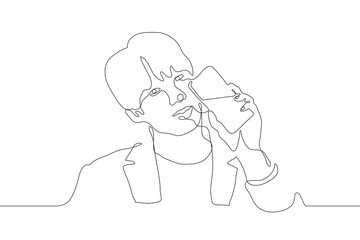 continuous line art handsome young man holding a telephone in his hand and looking at the viewer with a smile. It can be used as a mocap and for animation. Vector
