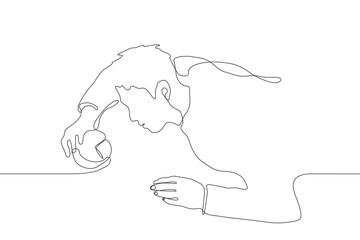 continuous line drawing of a man lying on his stomach with an alarm clock in his hand. The concept of fatigue, lack of sleep, poor organization of time. It can be used for animation. Vector