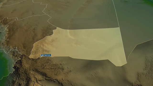Najran - region of Saudi Arabia with its capital zoomed on the physical map of the globe. Animation 3D