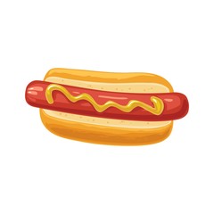 Hotdog with mustard. Top view. Vector flat illustration isolated for poster menus brochure web and icon