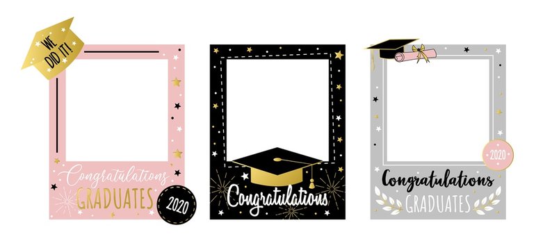 Happy congratulating graduates photo booth set vector illustration. Colorful 2020 frame set with joyful phrase we did it with golden font inscription. End of school concept