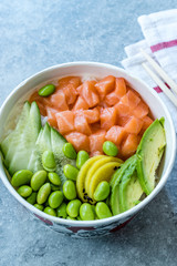 Hawaiian Poke Bowl with Salmon, Edamame, Takuan, Avocado, Cucumber Slices and Rice.