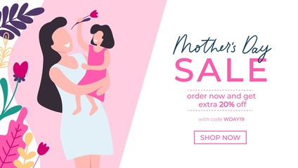 Obraz na płótnie Canvas Mothers day greeting card and sale banner vector illustration. Website or webpage template in pink color and flower symbols. Shopping online with buy code and 20 present discount