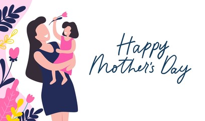Mothers day greeting card with blossom on white vector illustration. Postcard decorated by colorful flowers and happy family. Mommy holding girl with tulip, hand drawn lettering