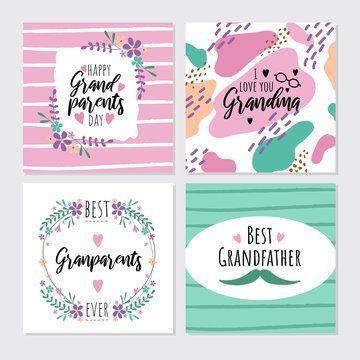 Happy grandparents day greeting cards set vector illustration. Colorful poster I love you grandma, best grandpa decorated by heart and flowers. Holiday card with wishes for relatives