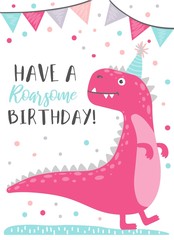 Dinosaur character Happy Birthday greeting card vector illustration. Invitation decorated by confetti and funny animal in festive hat. Holiday postcard with cute monster