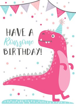 Naklejka Dinosaur character Happy Birthday greeting card vector illustration. Invitation decorated by confetti and funny animal in festive hat. Holiday postcard with cute monster