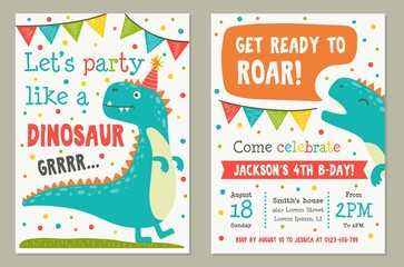 Dinosaur toy party invitation card template vector illustration. Lets party like dino and get ready to roar, poster decorated by funny animal, time icon and confetti