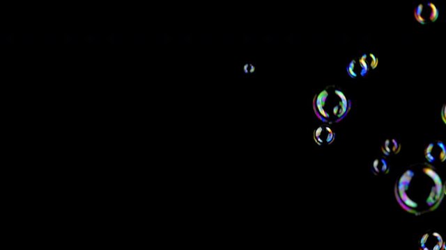 Colorful soap bubbles fly across black background. 