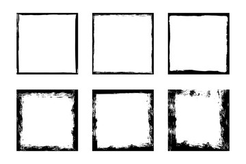 Vector illustration. Set of frames in grunge style. Dirty frame with a splash of black paint. Transparent background. Design elements for banner, poster, flyer, invitation, card, social networks.