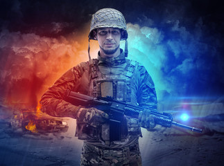 Armed soldier with sniper in the middle of a dust storm