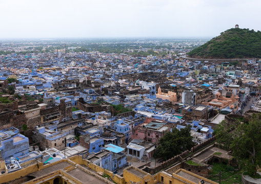 Cityscape with old blue houses brahmins under the fort, Rajasthan, Bundi, India