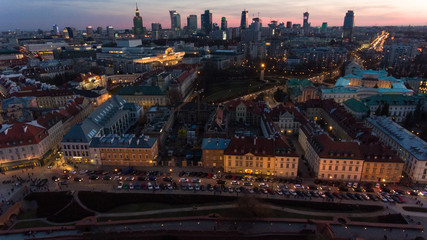 Cityscape of old buildings and architecture in the old town in Warsaw. Aerial view of old buildings, castles and a church in the old city of Warsaw. 