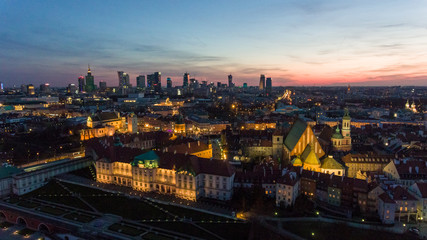 Naklejka premium Aerial view of old buildings, castles and a church in the old city of Warsaw. Cityscape of old buildings and architecture in the old town in Warsaw.