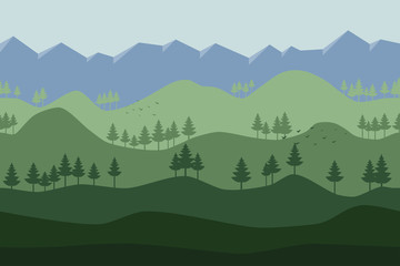 Seamless horizontal vector illustration. Minimalistic concept. Flat style background. Pine forest. Panorama. Mountains and slopes. Template for games or website. Green wallpaper. Ecological concept.