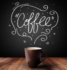 Steaming cup of coffee with white doodle line art and coffee inscription