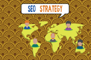Conceptual hand writing showing Seo Strategy. Concept meaning procedures that aim to increase the visibility of a website Connection multiethnic persons all Global business earth map
