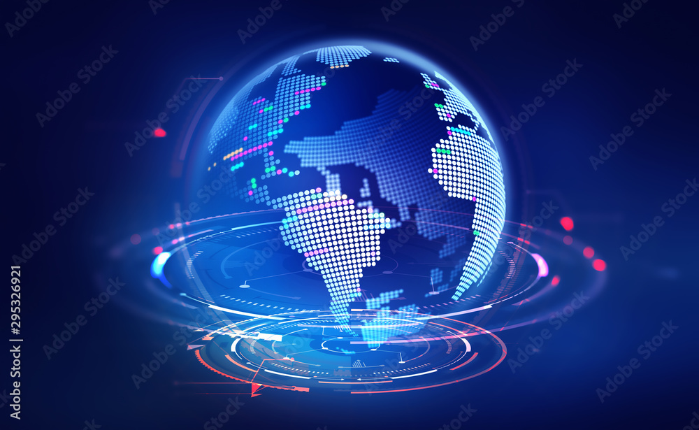 Aufkleber global network. virtuality in cyberspace. hud. digital technologies of future. telecommunications 3d