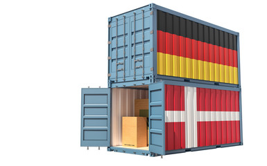 Fototapeta premium Two freight container with German and Denmark flag. Isolated on white - 3D Rendering