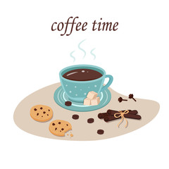 Blue Cup of coffee with sugar slices, chocolate chip cookies, cinnamon, coffee beans, cloves.