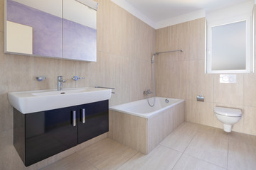 Bathroom with toilet, cabinet with sink and mirror and tube