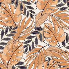 Original seamless tropical pattern with bright colorful leaves and plants on beige background. Beautiful seamless vector floral pattern. Jungle leaf seamless vector floral pattern background.