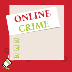 Conceptual hand writing showing Online Crime. Concept meaning crime or illegal online activity committed on the Internet Speaking trumpet on left bottom and paper to rectangle background