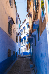 View of the narrow streets of the Chefchaouen city in Morocco, known as the blue city