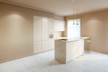 Beige modern interior kitchen with breakfast bar and empty wall. 3d illustration