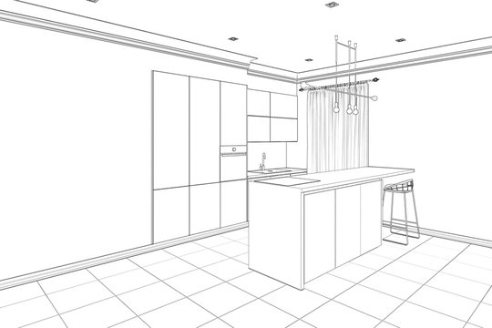 Sketch of the modern interior kitchen with breakfast bar and empty wall. 3d illustration