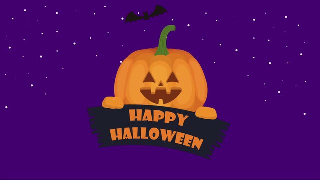 halloween dark scene with pumpkin and bats flying