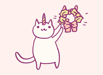 Cute cartoon character cat unicorn doing Christmas preparations, funny vector illustration. T-shirt card print graphic art.