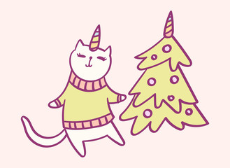 Obraz na płótnie Canvas Cute cartoon character cat unicorn doing Christmas preparations, funny vector illustration. T-shirt card print graphic art.