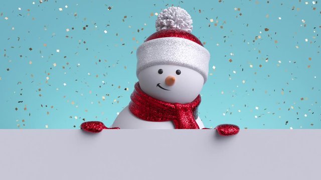 3d snowman looking out the wall, holding blank banner, blinking and smiling. Gold confetti falling. Happy New Year. Merry Christmas animated greeting card. Winter holiday background. 1920x1080 hd
